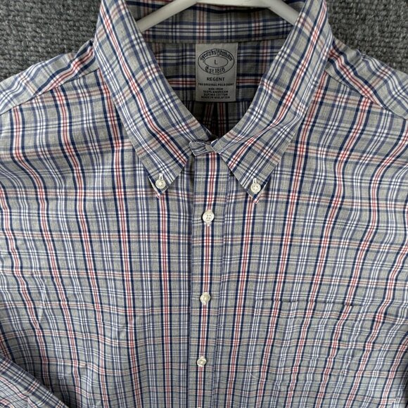 Brooks Brothers Large Regent Gray Red Plaid Button Up Shirt Long Sleeve Supima - Picture 1 of 12